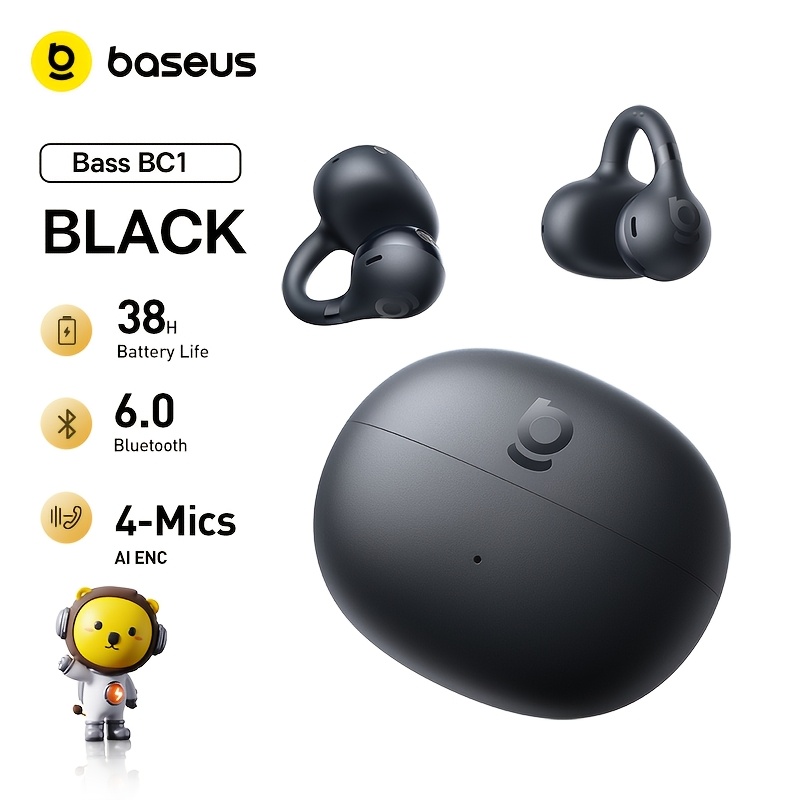 TEMU [baseus] Bc1 Open Ear Bone Conduction Wireless 6.0 Earclip Headphones With Ai Translation, 4 Mics Clear Calls, , 38h Playtime & Lightweight