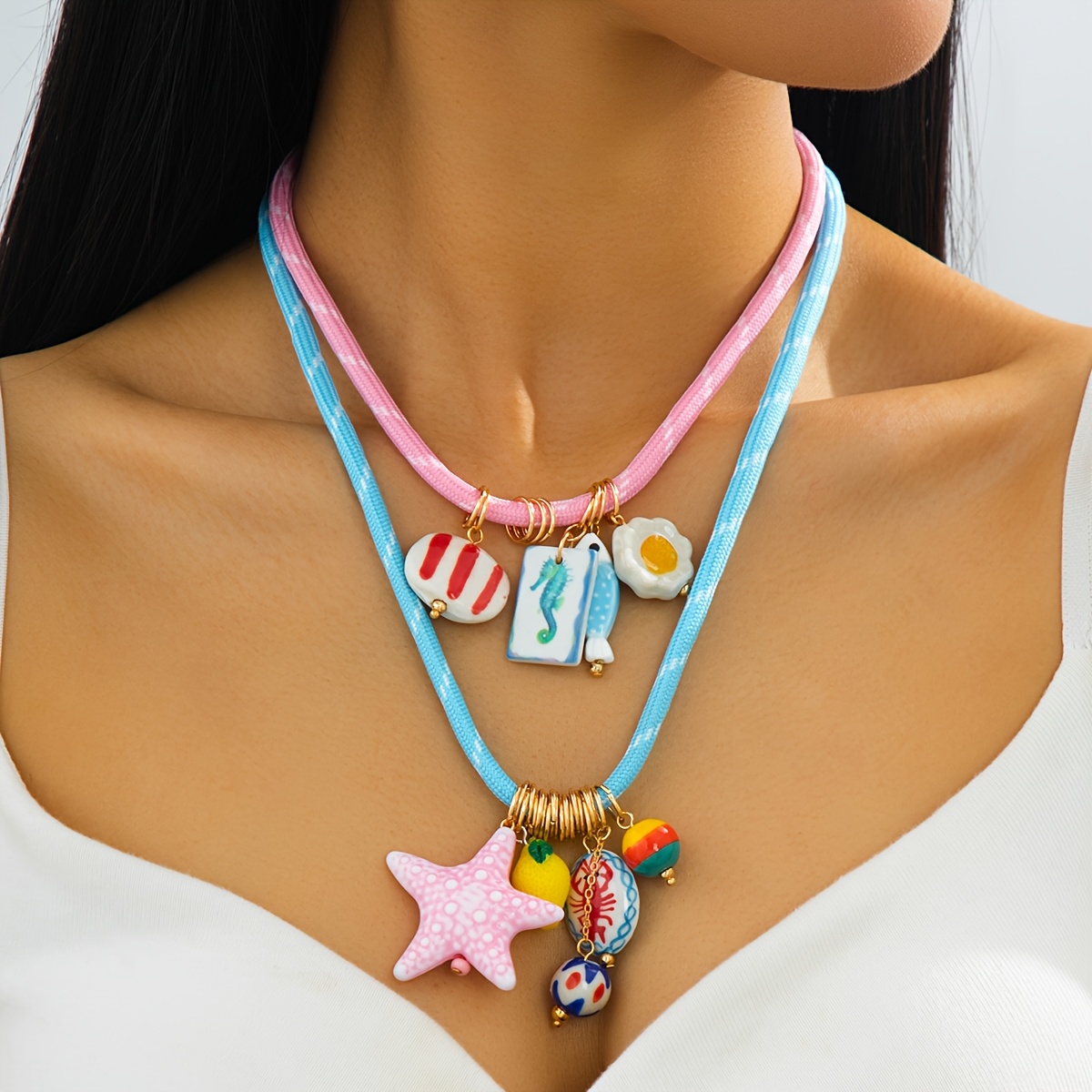 Women's Unique Starfish Ceramic Pendant Necklace, Vacation Style