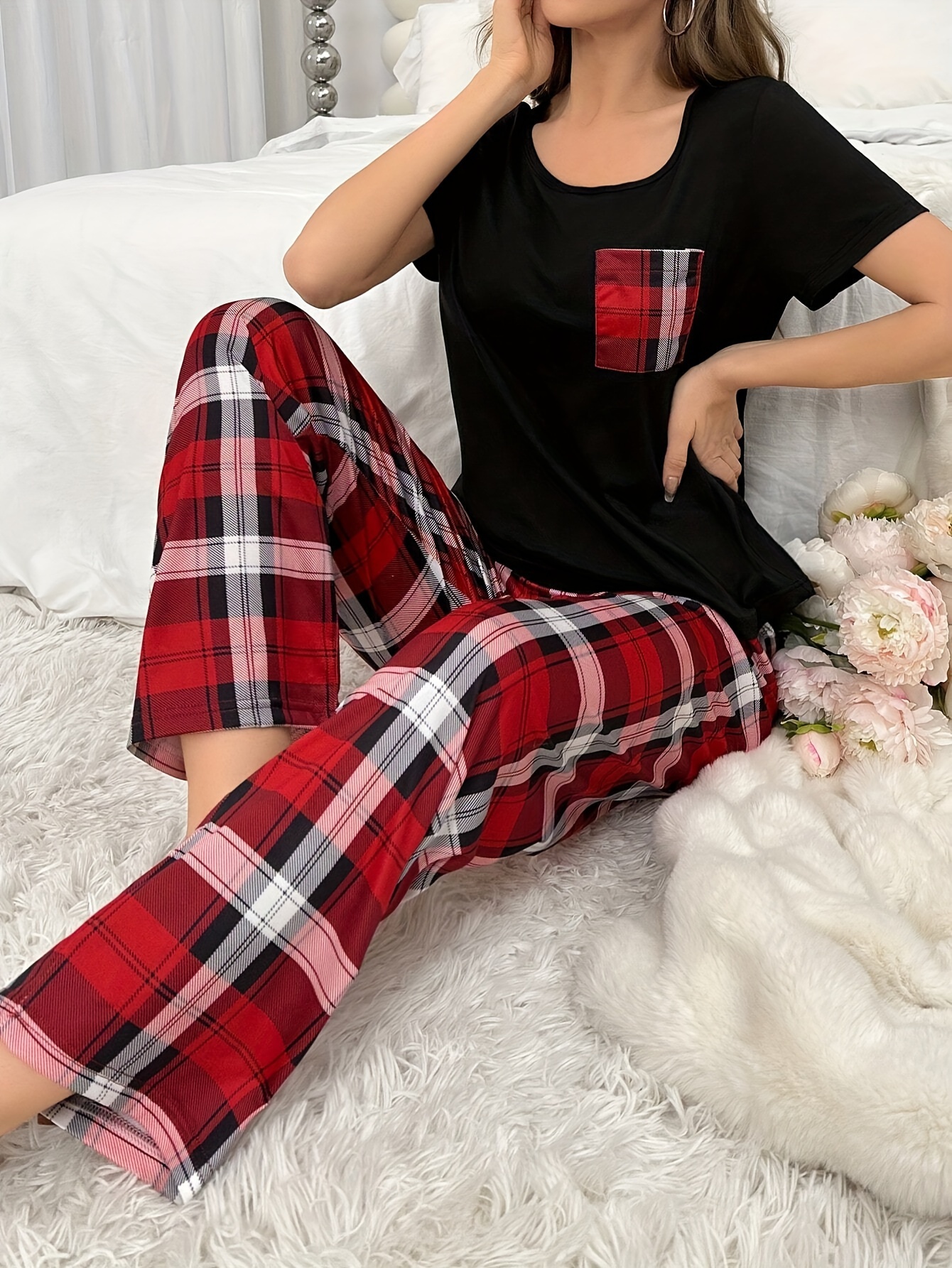 conjunto pijama casual mujer pantalón camisa cuadros rojos Temu
