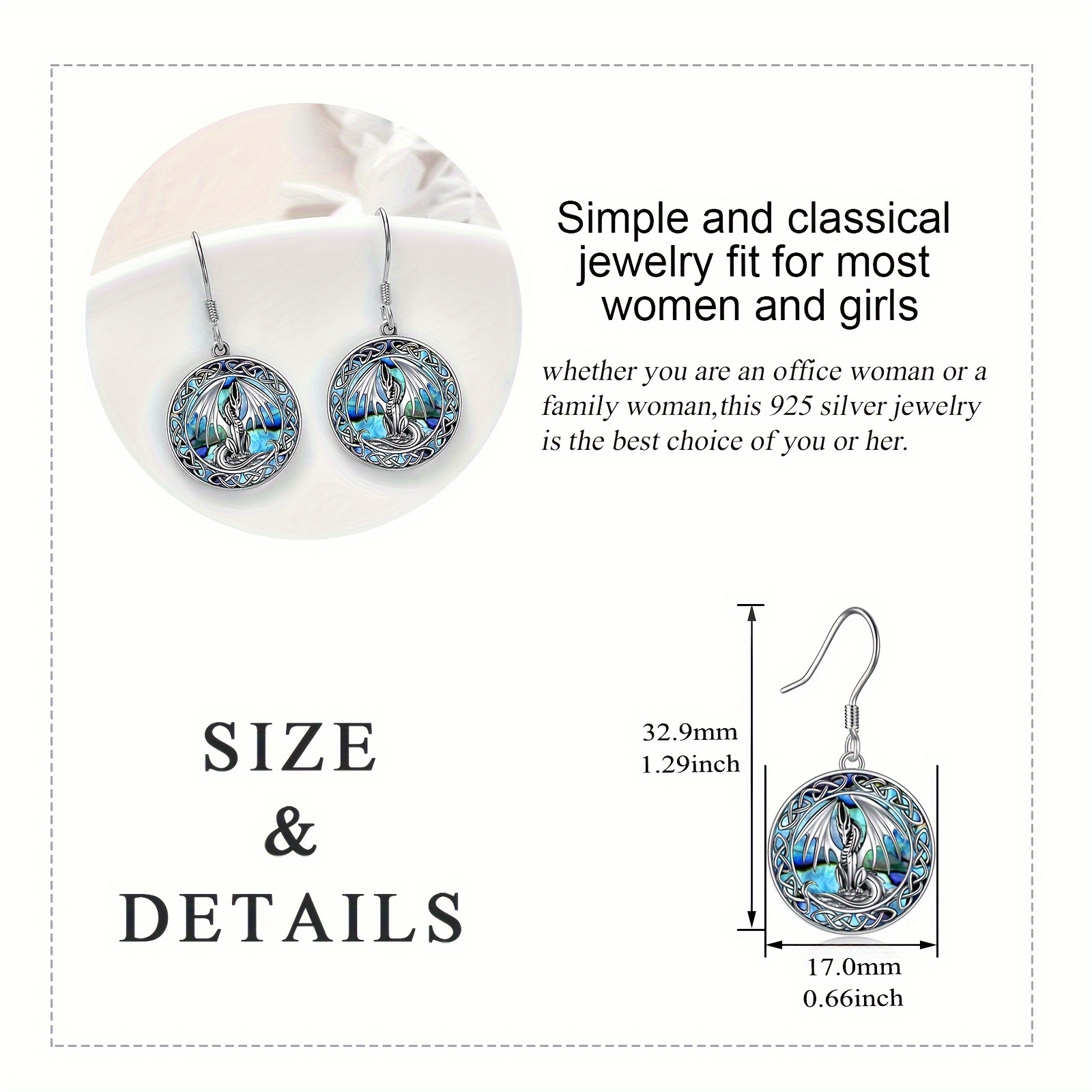 a pair of womens fashion drop earrings dragon earrings abalone shell jewelry 5  sterling silver daily wear gift Product details 1