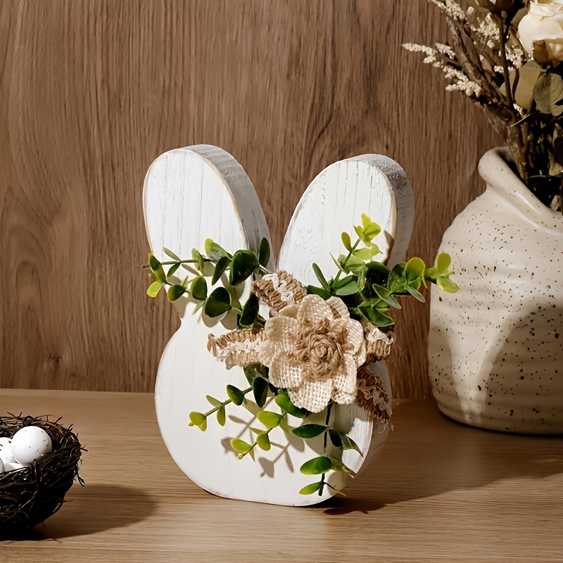 Image of Easter Decorations For The Home: Style Retro Wooden Rabbit Easter Table Center Decoration Logo, Farmhouse White Rabbit And Flower Wooden Rabbit Easter Decoration Dining Table, Cute Easter Gift