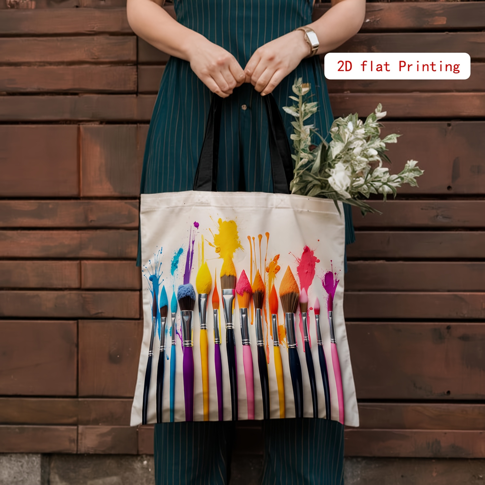 TEMU A Stylish 2d Printed Tote Bag Featuring A Colorful Artistic Brush Tool Pattern. This Creative Painting-themed Tote Is Perfect For Personal And
