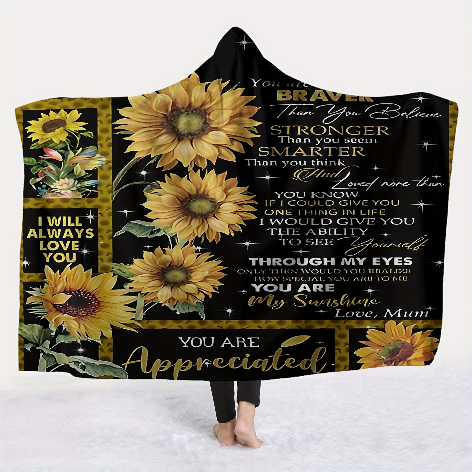 

Bohemian Style Wearable Blanket For Daughter - Super Soft Flannel Knitted With Personalized Sunflower Messages, Hand Wash - Digital Wrap For Sofa & Bedroom, Unique Gift - Polyester, 1 Piece