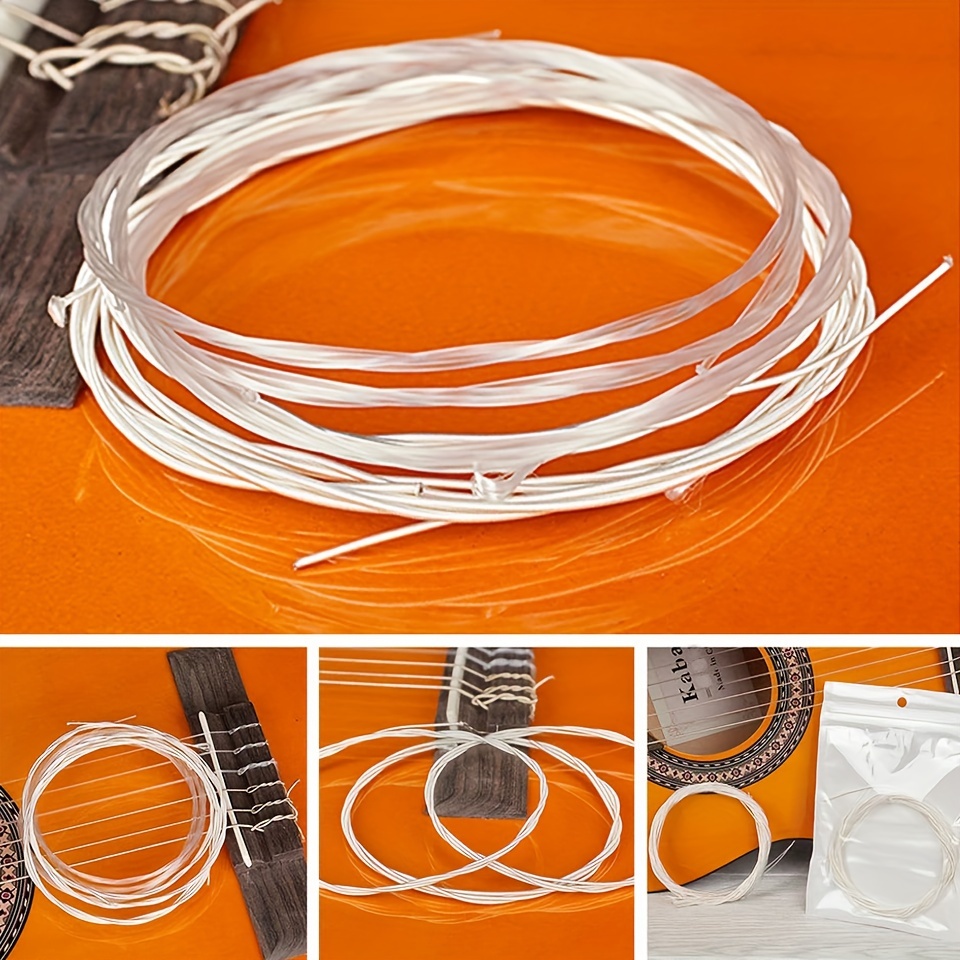 6pcs/Set (1-6 Strings, 1 Set of 6 Strings) High-End Nylon Strings for Classical Guitars, Featuring Nylon Plain Strings And Metal Wound Strings. The Transparent Nylon Strings Produce a Clear And Bright Tone. The Metal Wound Strings Have a Long Lifespan, Are Corrosion-Resistant And Anti-Oxidative, Providing a Comfortable Feel And Durability, Making Them Less Prone to Breakage.