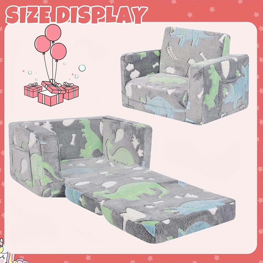 kids dinosaur sofa foldable convertible bed lounge chair with glow in the   soft flannel fabric 1 3 inch height 27 stable frame for playroom nursery patio grey pink kids playroom furniture   furniture comfortable kids furniture