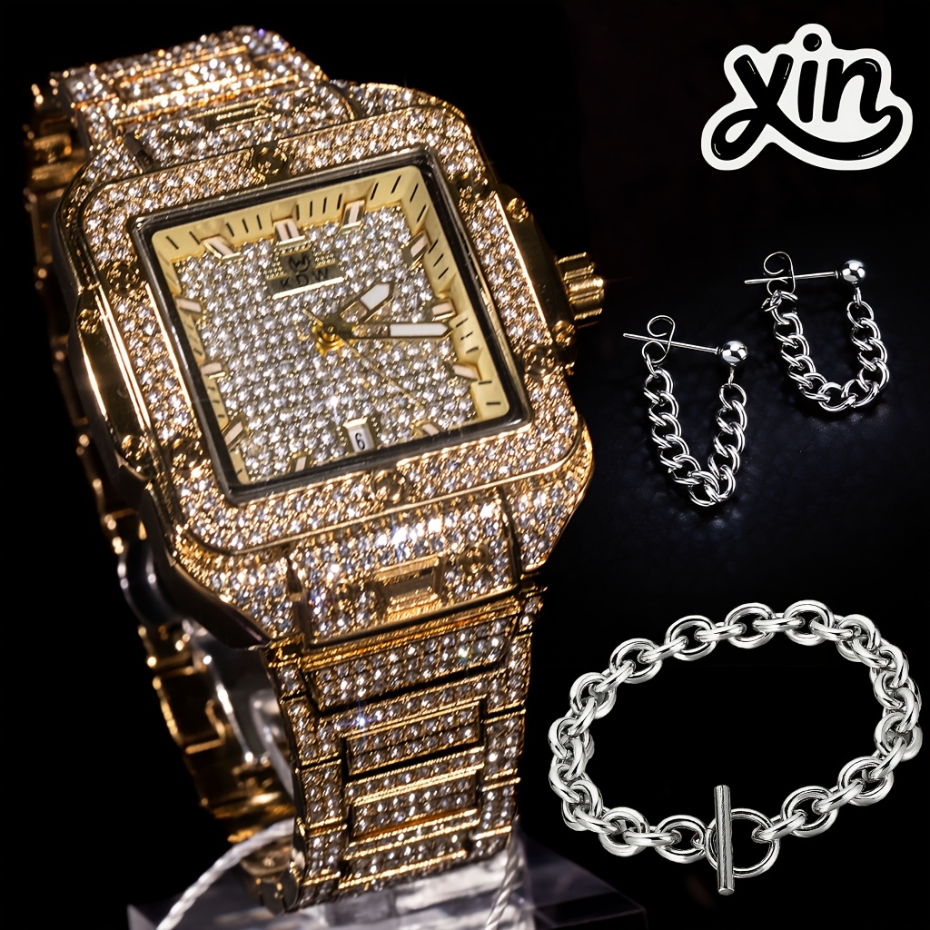 Luxury Hip Crystal Watch Full Stage Performance Wristwatch, Geometric -the-dark Dress Watch For Christmas Thanksgiving Valentine's Gifts Set Includes Bracelet & Stud Earrings, Without Battery