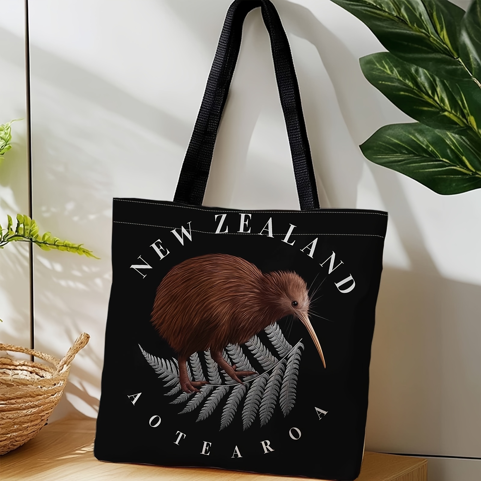 TEMU 1pc New Zealand Kiwi Fern Tote Bag Suitable For Travel, Picnic & Everyday Use - Double-sided Kiwi Bird & Fern Print, Bag With Kiwi Fruit &