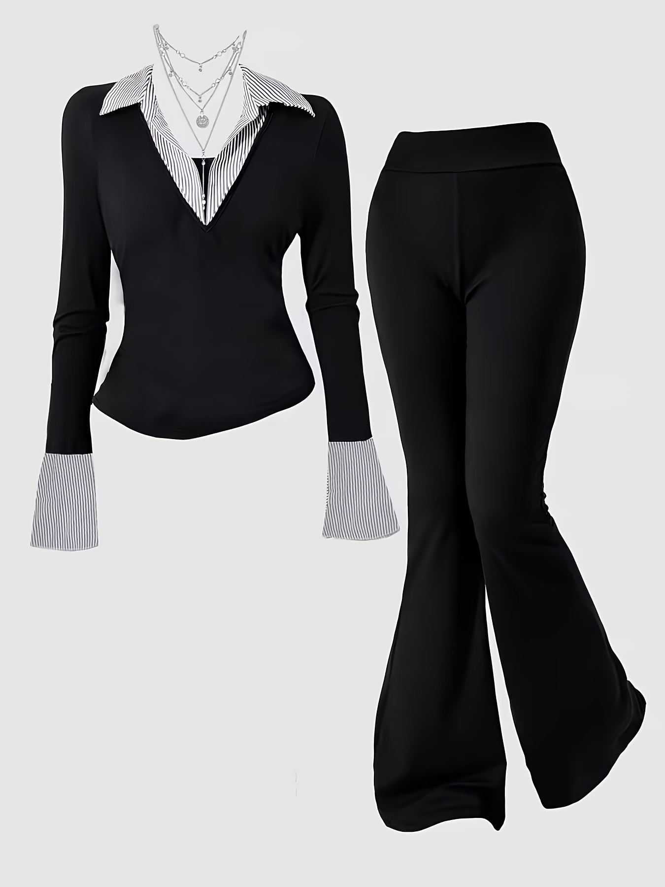 black sleek style 2pcs set   2pcs panel flare sleeve flare pants design fits daily   sleek edgy comfy
