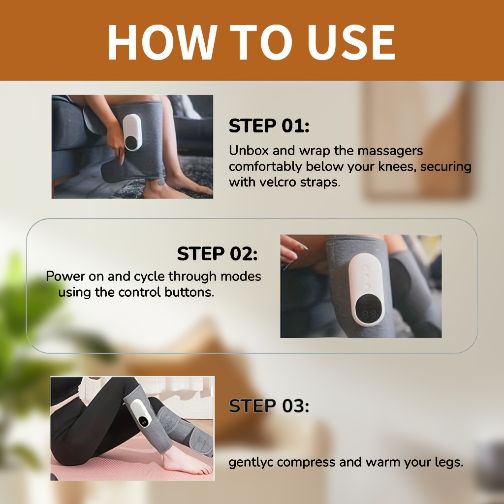 air compression leg massager rechargeable with a 2000mah battery featuring 3   levels   temperature settings   with a 2000mah lithium polymer battery its portable and suitable for calves thighs and knees Product details 1