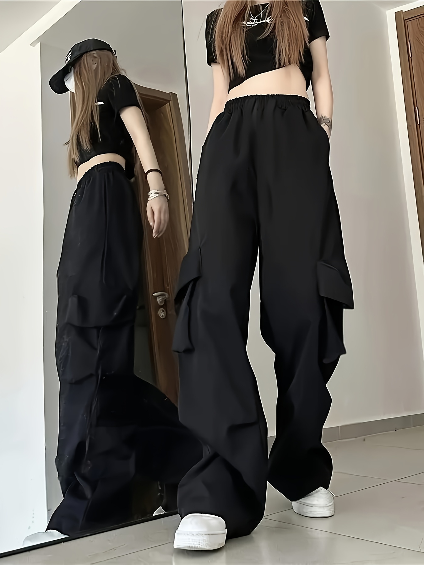 item picture new y2k loose fit cargo pants for girls elastic waist with large side pockets machine washable   casual streetwear cute polyester trousers   outdoor