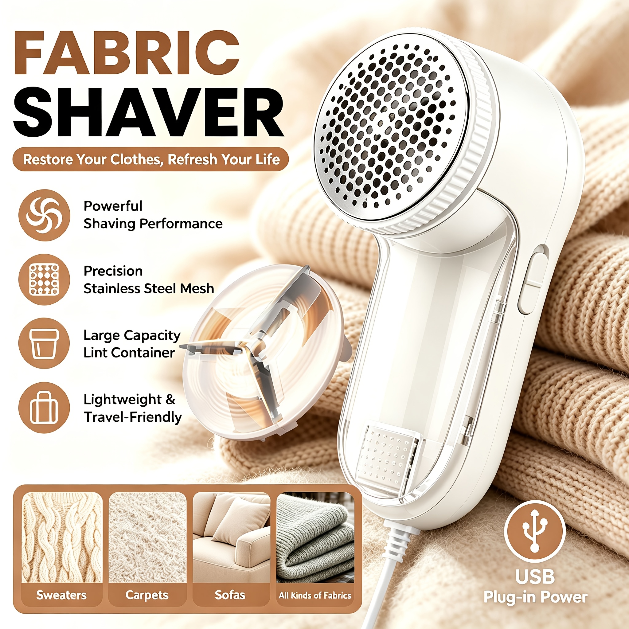 TEMU Powerful Usb-powered Fabric Shaver With Precision Mesh And Large-capacity Lint Bin, Suitable For Sweaters, Carpets, Sofas, Blankets, And Fabrics
