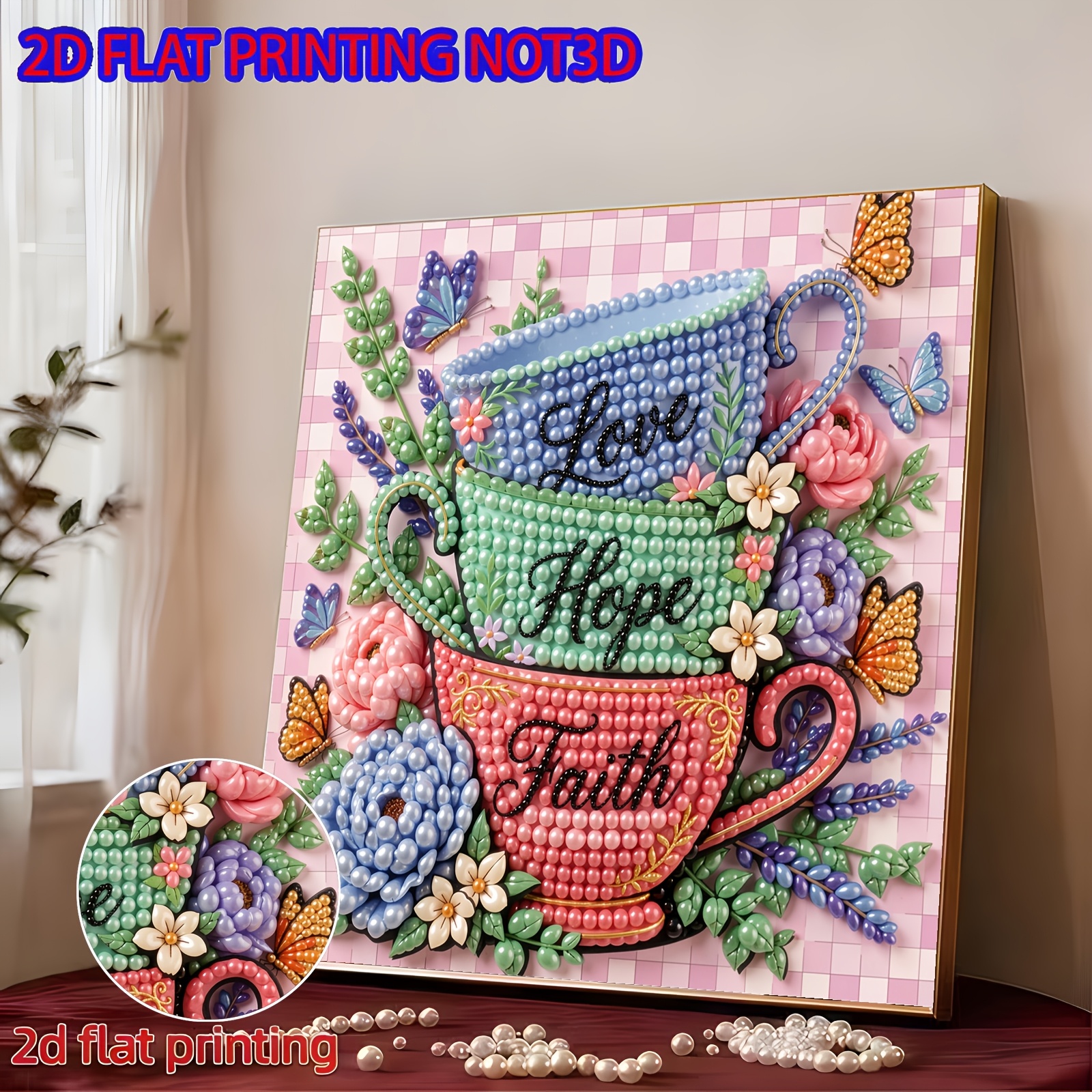 TEMU 2d Flat 1pc 30x30cm/11.81x11.81in Three-color Teacup Element Pearl Diamond Painting Frameless Handmade Glue Diamond Creative Diamond Painting