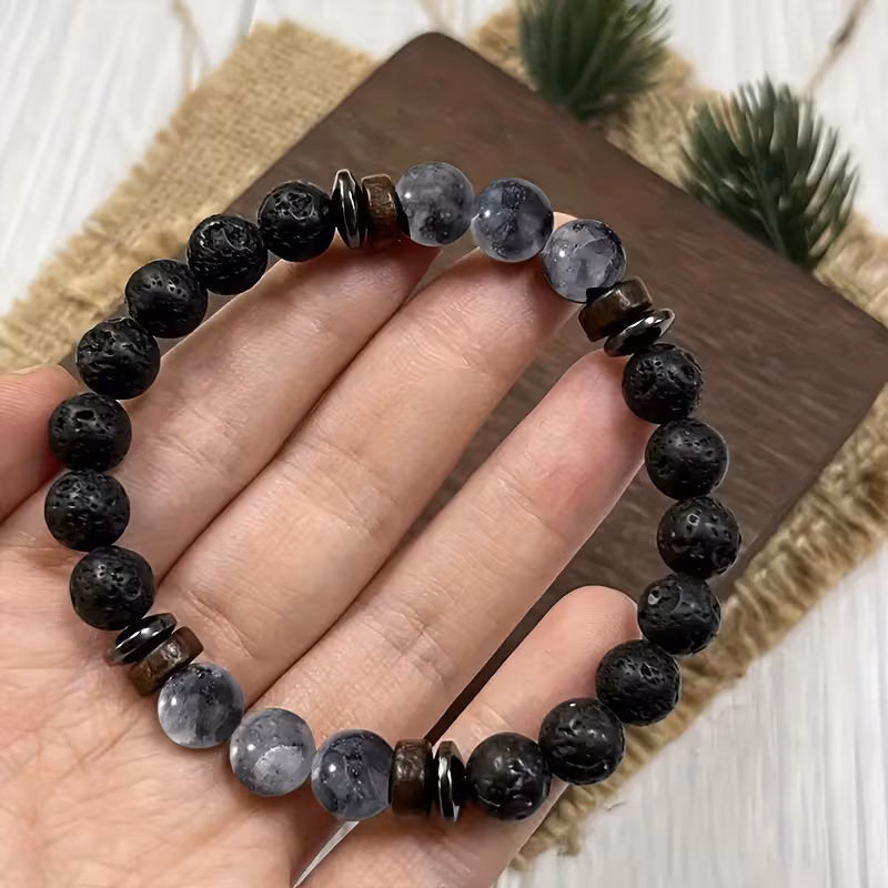 rock obsidian bracelet with round natural stones handmade beads unisex accessory bohemian style birthday and christmas gift unique festive wearable jewellery Product details 4