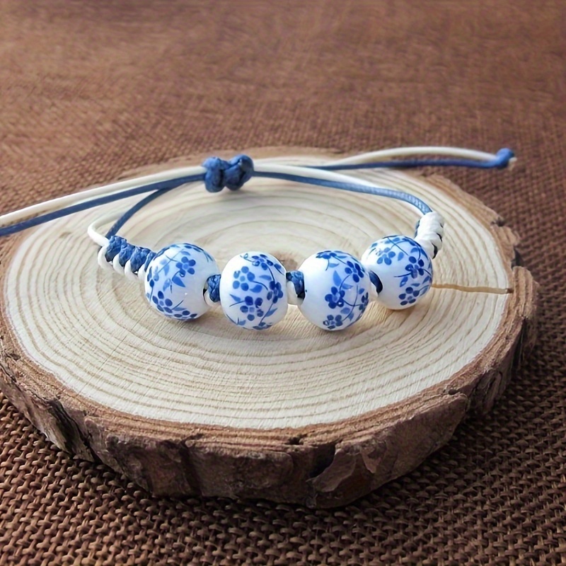 

Handcrafted Blue And White Porcelain Beaded Bracelet - Adjustable And Perfect For Everyday Wear Or Parties