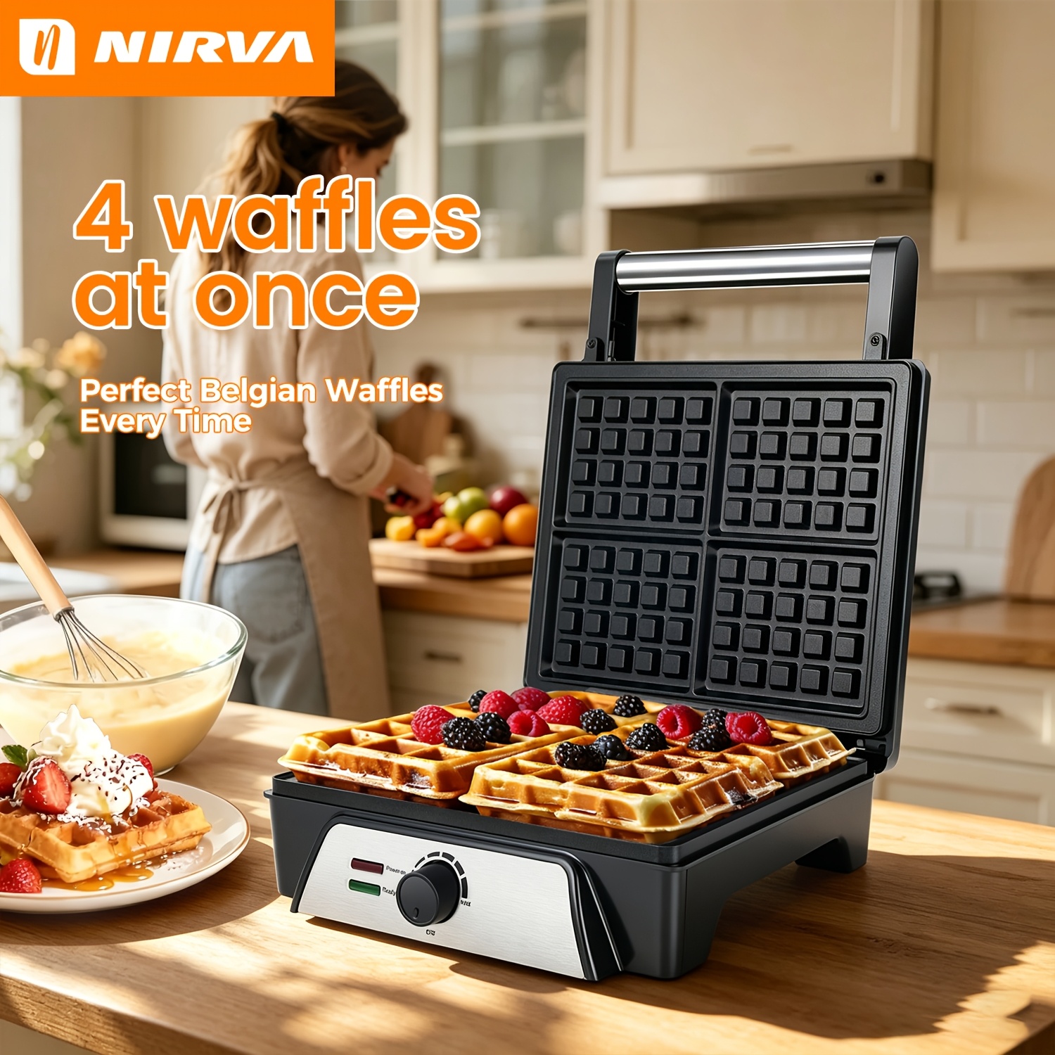 Image of Nirva Belgian Waffle Maker, 1600w High Waffle Machine, Deep Fill Grids, Adjustable Temperature, Coating, Cooks 4 In , Perfect For Family Breakfast, Gatherings, Desserts, And Clean
