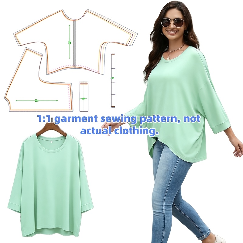 E-shop Damen V-Ausschnitt Drop-Shoulder Kurzarm T-Shirt Schnittmuster - 1:1 Maßstab Vollfarbige Schritt-für-Schritt Anleitungen mit