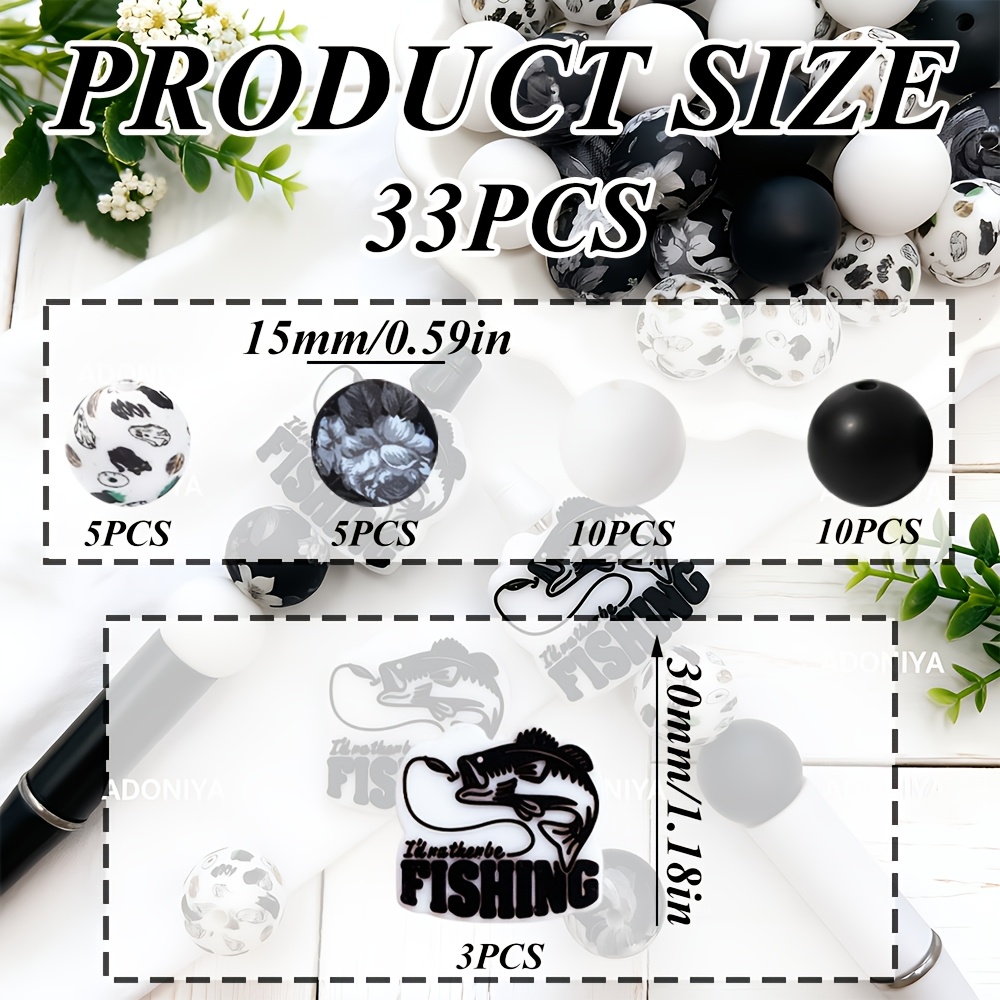 TEMU 33pcs Fishing-themed Silicone Bead Set, Black White Gray Cool Tones, Angling And Fish Print Theme, With Matte Solid Color Spacer Beads, Suitable