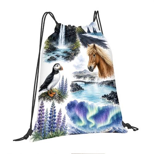 item picture icelandic scenery hand drawn collage waterfall horse aurora drawstring pouch for gym court training travel cycling yoga travel storage daily camping drawstring closure design lightweight sports bag machine washable