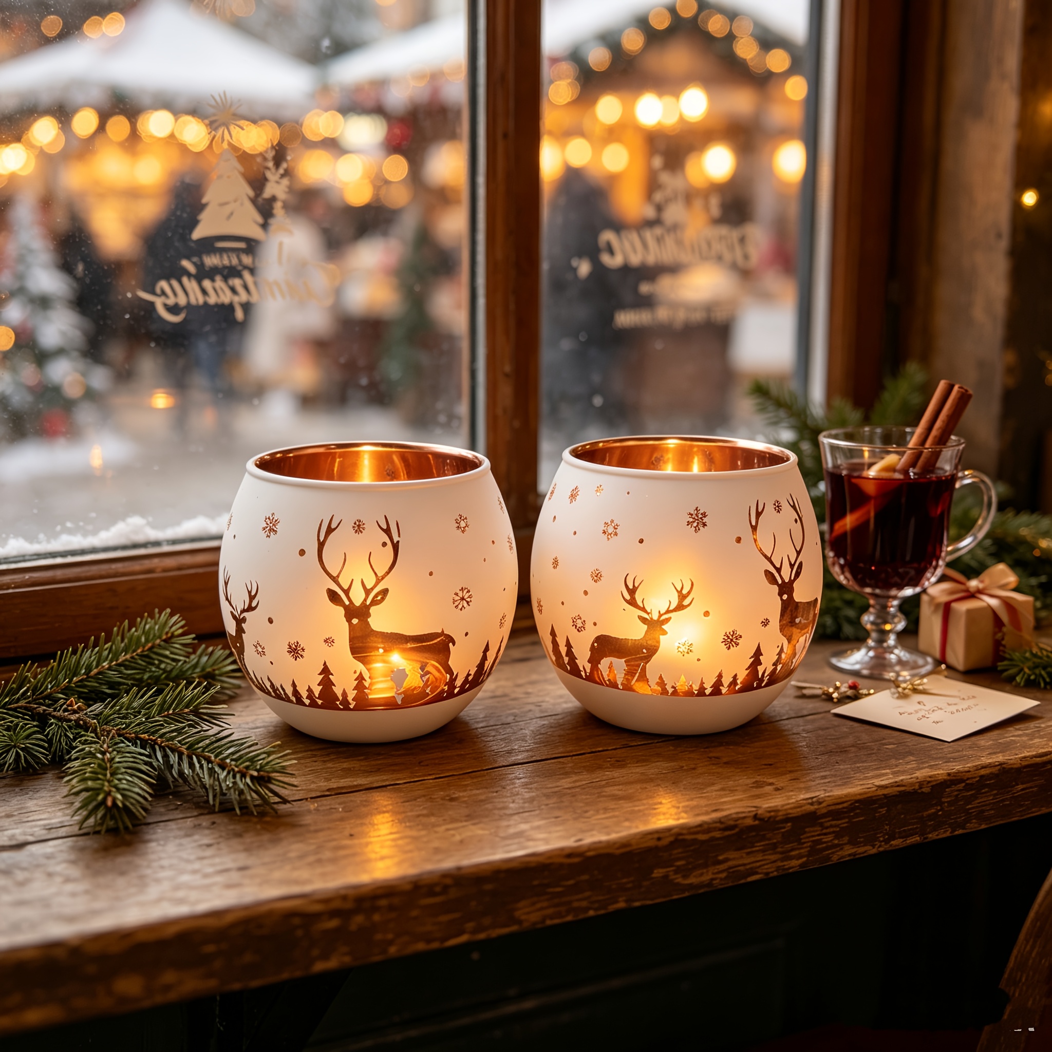 Image of 2pcs Christmas Reindeer Candle Holders, White Round Glass Tea Light Stands With Golden Reindeer And Snowflake Pattern, Winter Table Centerpieces For Christmas Home Decor