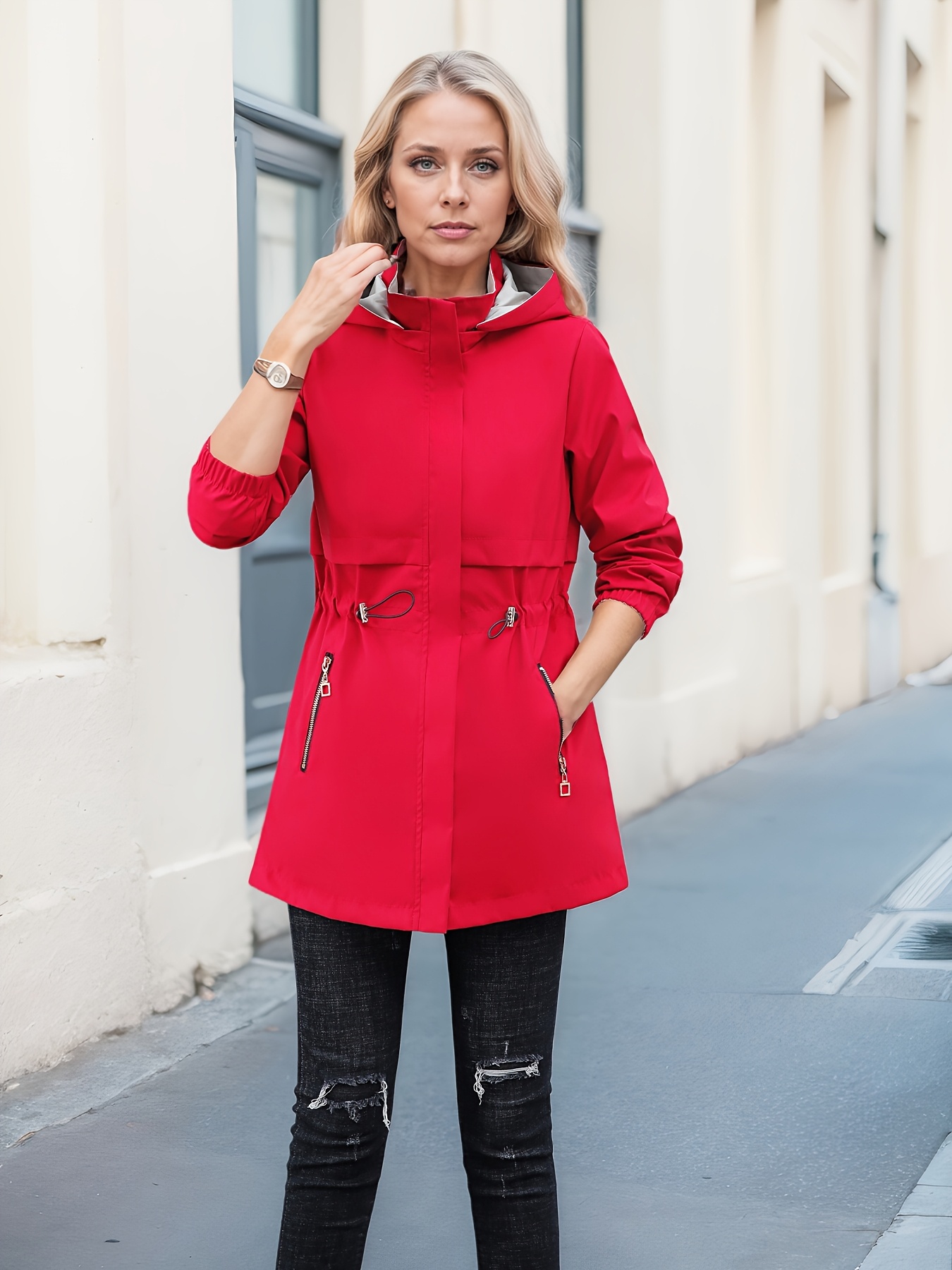 2024 new womens hooded windbreaker jacket   length casual coat with adjustable drawstring waist zipper closure button details solid color for   outdoor wear nonstretch fabric details 16