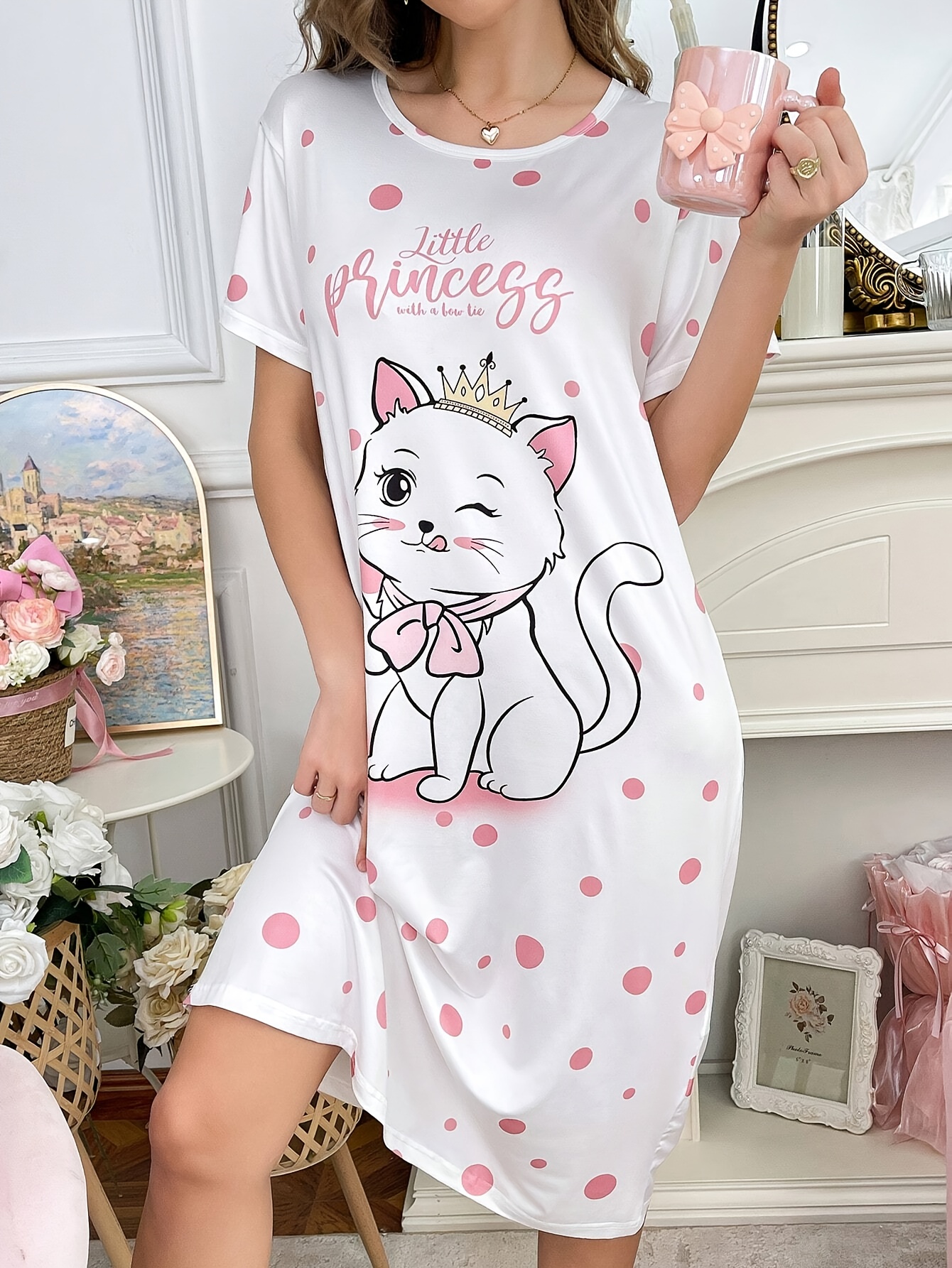 Adorable Cat & Polka Dot Letter Print Women'* Dress - Soft Polyester Short  Sleeve Nightgown with Round Neck, Machine Washable, Pink &*;Little  Princess&*; Design for a Cute Look