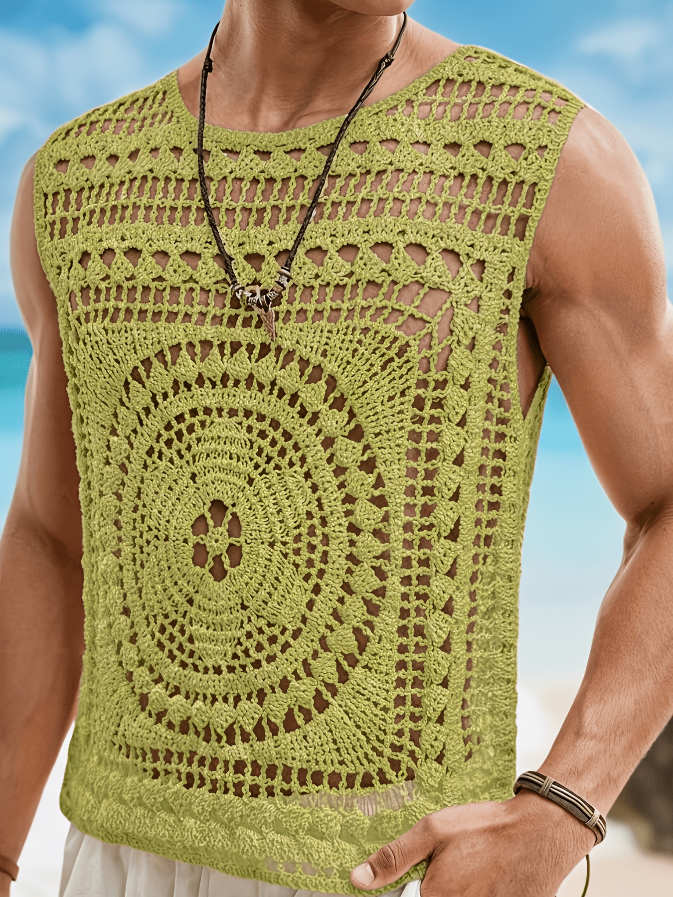 Men's Casual Solid Color Crew Neck Hollow-Out Knitted Vest, Men's Crochet Top, Men's Summer Top, Men's Beach Top, Men's Tank Top, Holiday Sleeveless Men's Crochet Top, Men's Crochet Tank Top, Men's Holiday Top, Men's Mesh Top, Men's Sleeveless Top