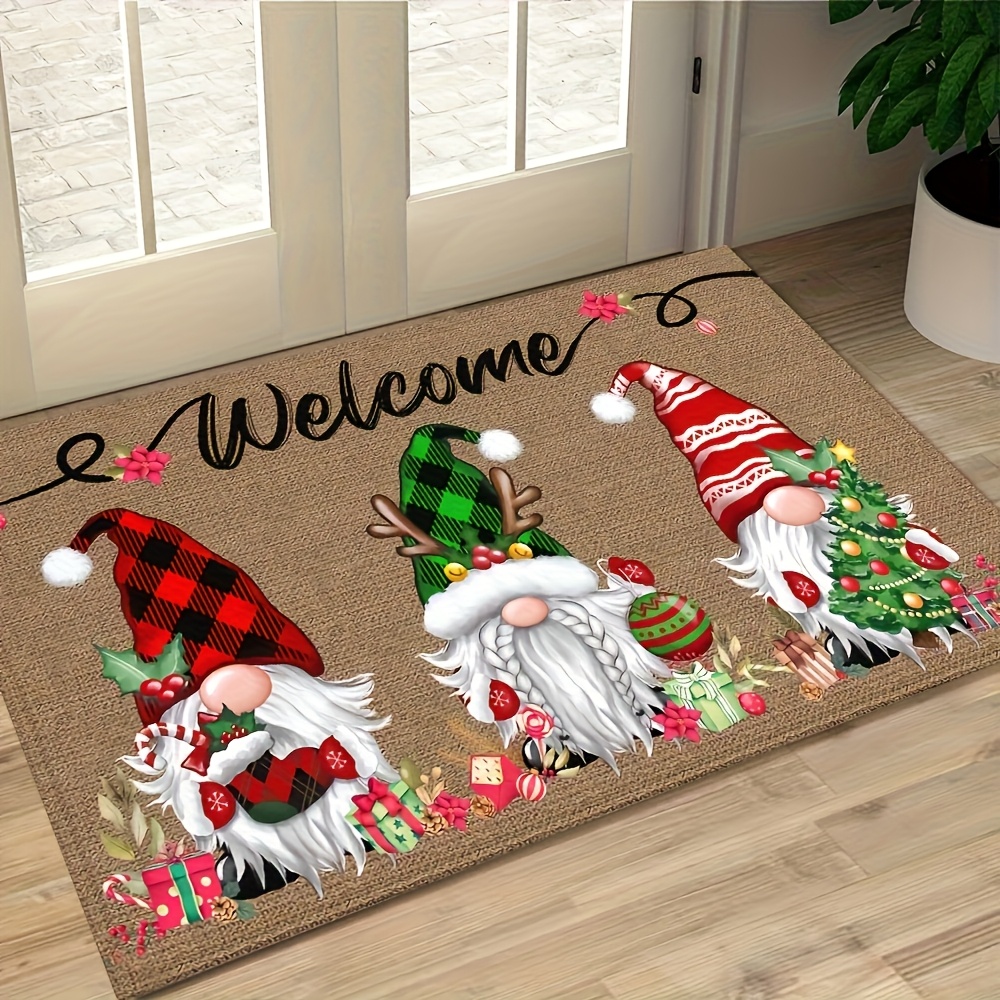 Festival Gnome Welcome Doormat - 6mm Thick, 100% Polyester, Non-slip Rubber Backing, Machine Washable, Rectangular Holiday Mat With 3 Gnomes With Seasonal Charm, Perfect For Decor And Christmas Gifts