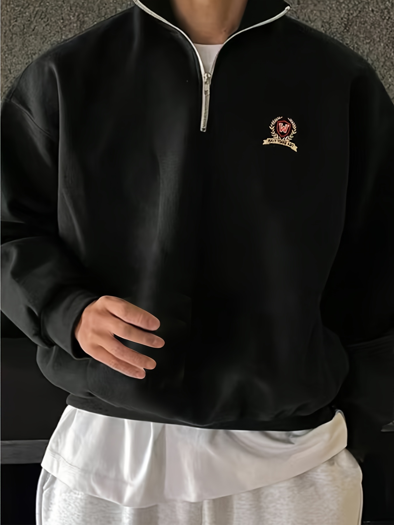 Men's Casual Zip-Up Pullover Sweatshirt - Soft, Comfortable Long Sleeve with Rose Logo, Stand Collar, Ideal for Spring/Fall, 100% Polyester