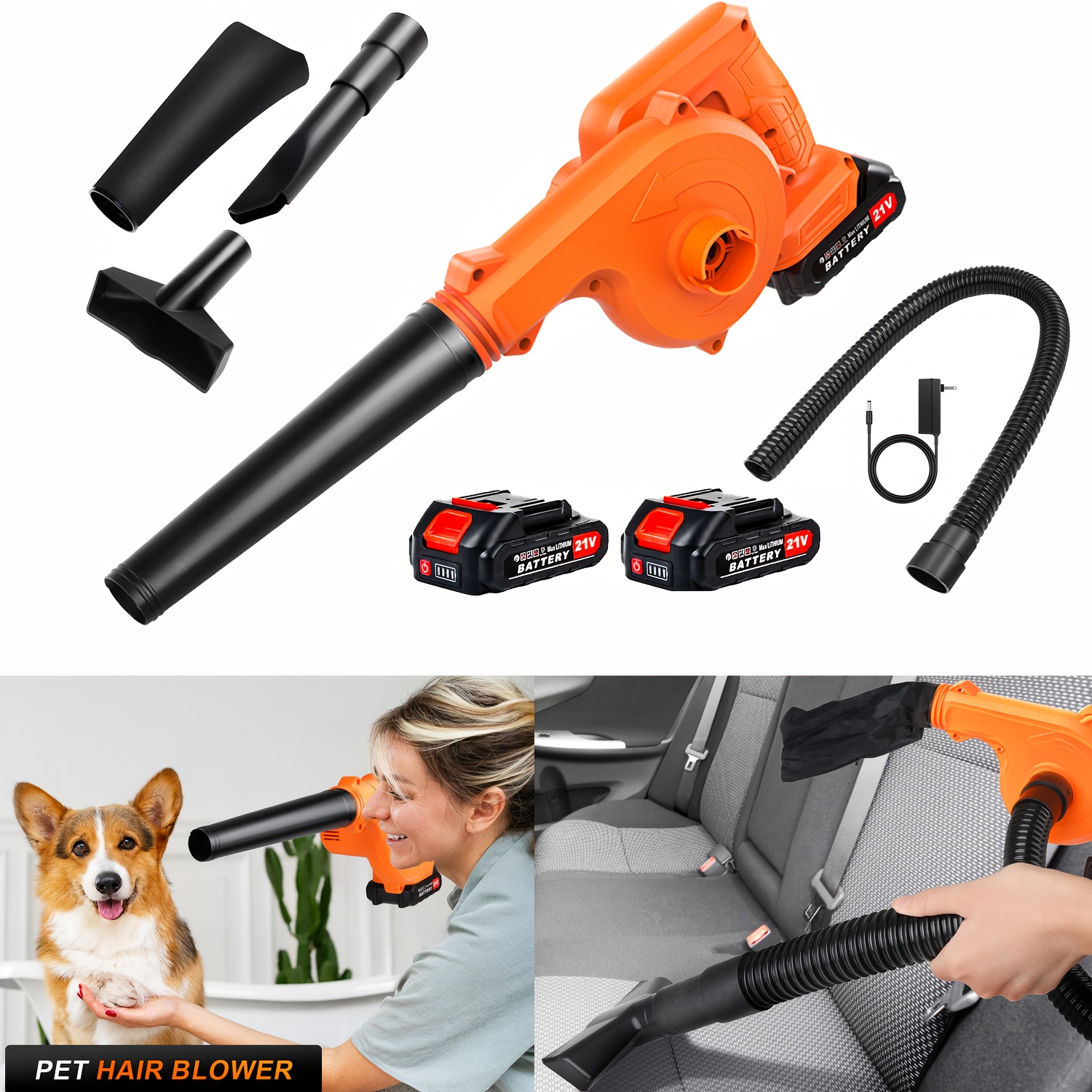 

Souffleur et aspirateur fil avec batterie et chargeur, souffleur fil 21V, mini aspirateur fil léger 150CFM, souffleurs électriques portables pour de la pelouse/poussière/mèches d'animaux orange