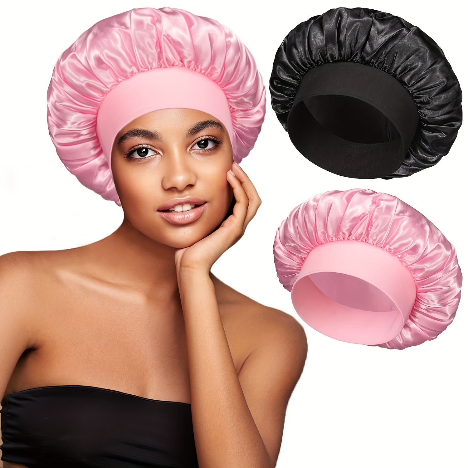 

Un bonnet de nuit en satin, adapté au sommeil et à la douche, un bonnet de soin des cheveux réutilisable pour des cheveux des femmes.