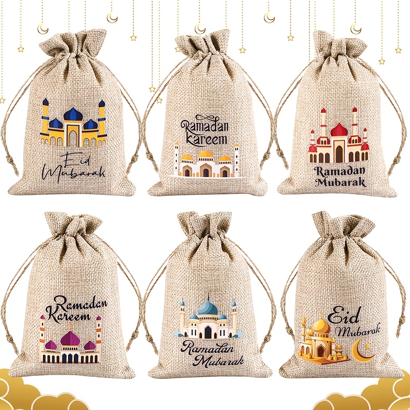 

6-pack Linen Burlap Gift Bags, 10x15cm, Cartoon Ramadan & Eid Al-fitr Treat Packaging, Party Favors, Jute Linen Decorative Bags For Ramadan 2025 Celebrations