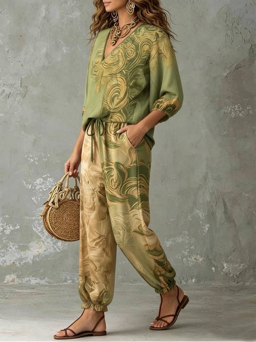 v neck top pants with pockets bohemian summer set