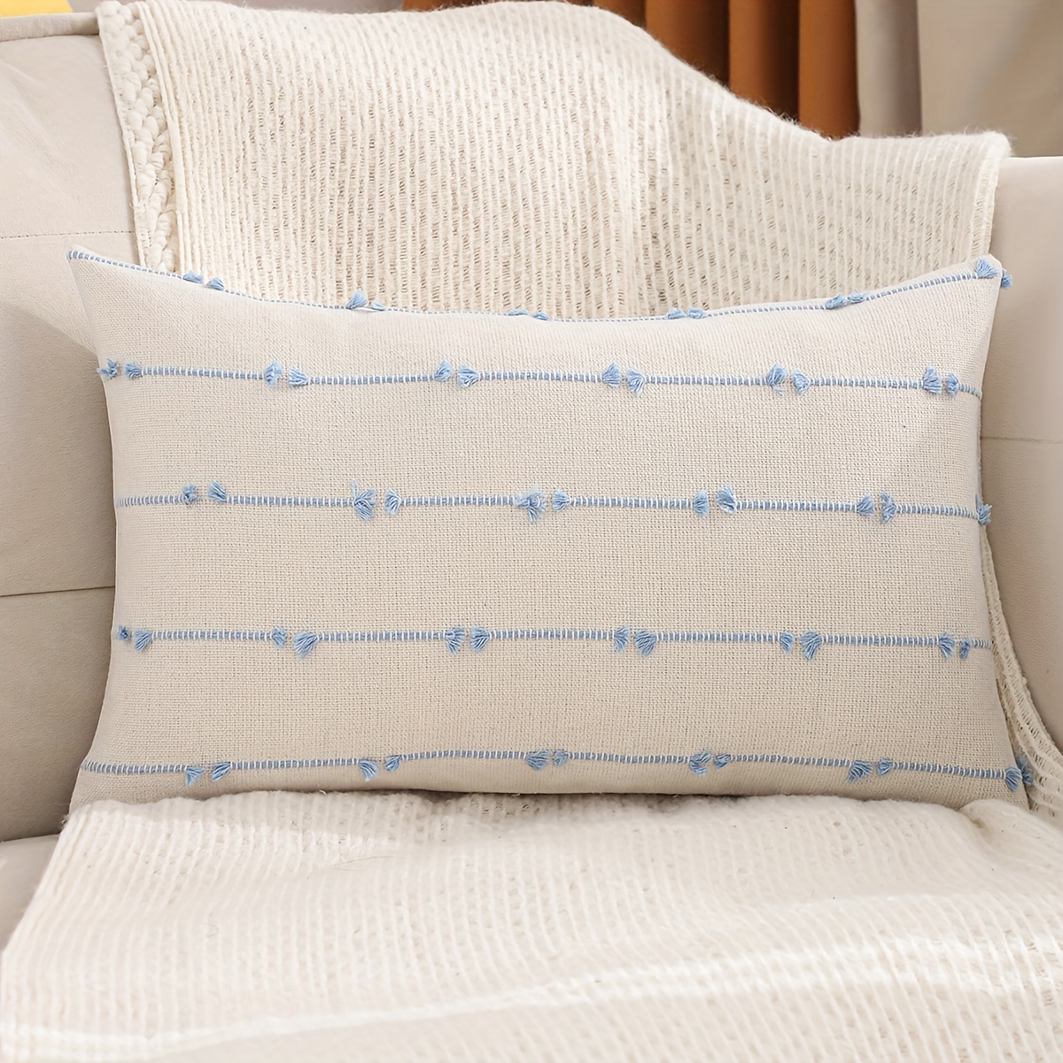 1pc Stripe Jacquard Decorative Throw Pillow Cover With Tassels For Living Room And Bedroom Sofa Decoration