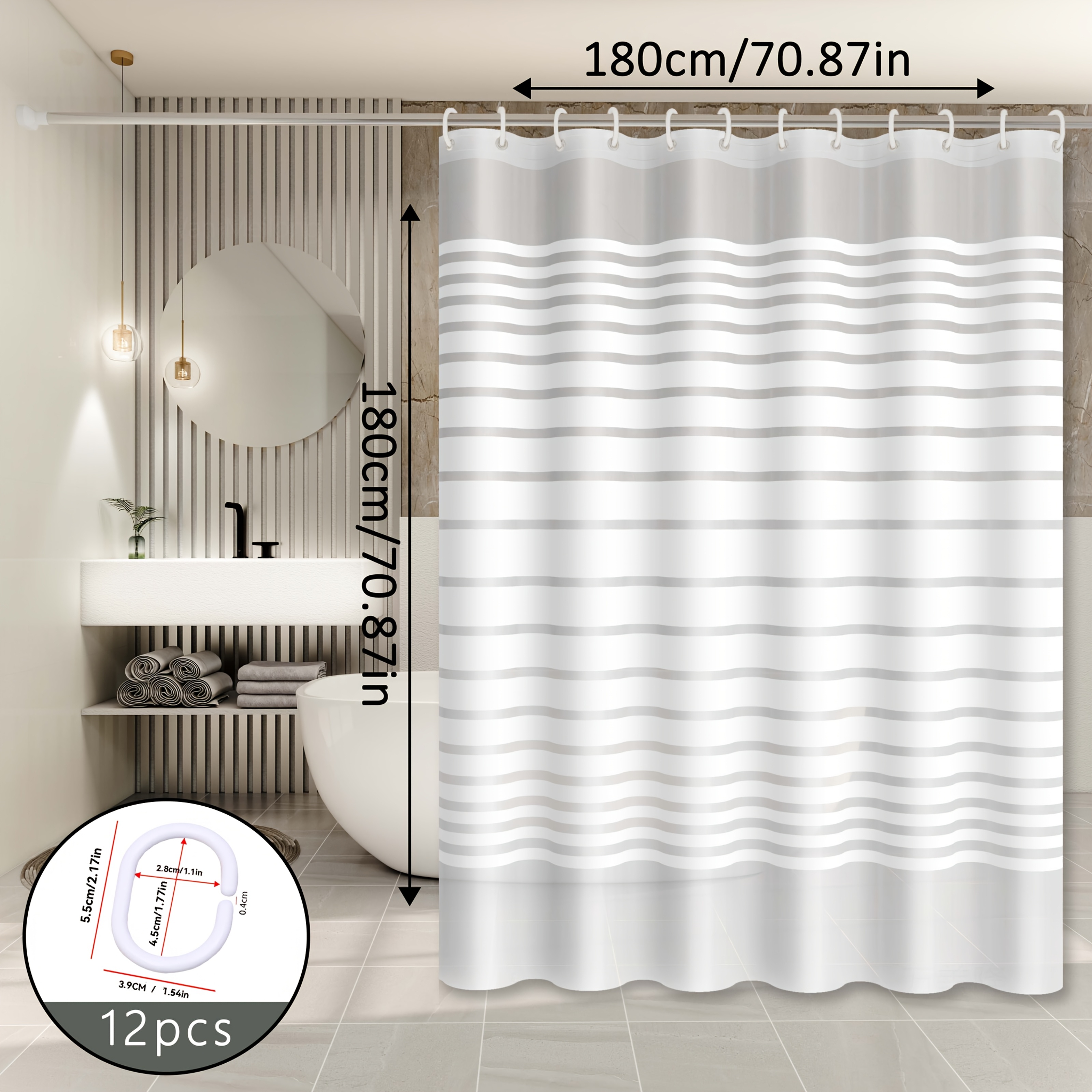 TEMU Rideau de Douche Moderne Minimaliste à Rayures Blanc et Gris - Panneau de Fenêtre de Salle de Bain de Haute Qualité et Résistant avec Œillets,
