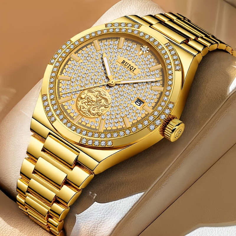 Image of Men' Mechanical Watch, Golden Stainless Steel Strap, Relief, Rhinestone Bezel, Date Display, Light Luxury Business Watch