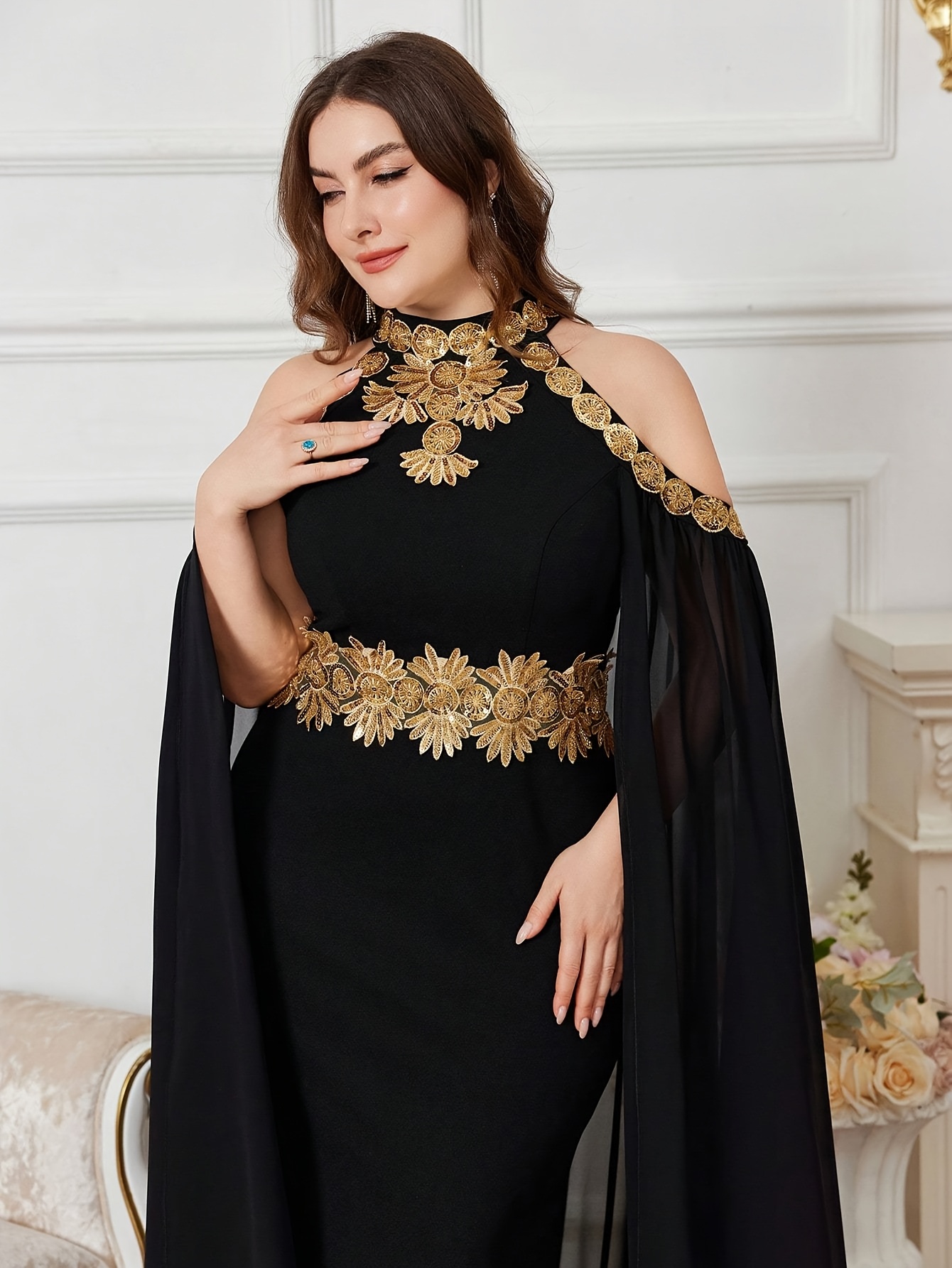 gold and silver bridesmaid dresses Regency Era Black Velvet Gold Embroidered Empire Waist Vintage Gown With Puff Sleeves – Bridgerton Inspired Dress Plus Size Size 24W / With Matching