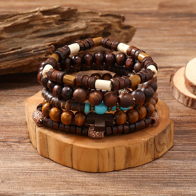 

5 Pcs Set Of Exquisite Handmade Wooden Beads Design Bracelet Elegant Ethic Style Personality Stackable Hand String
