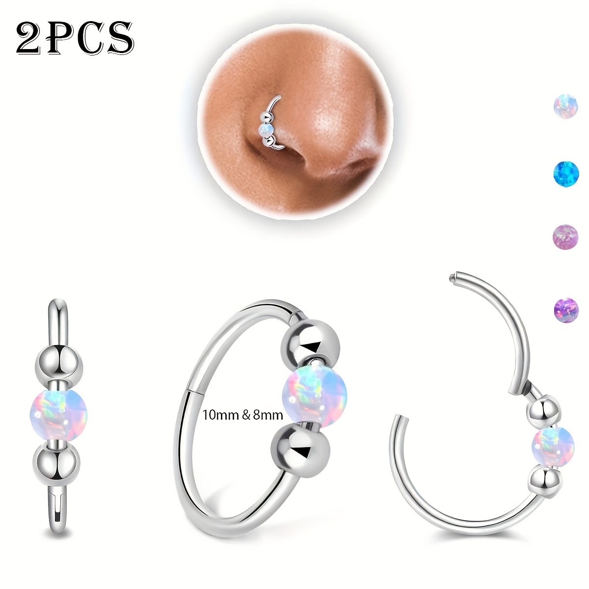 Image of 2pcs 18g/20g Opal Nose Rings For Women Nose Hoops 8mm/10mm 316l Surgical Steel Nose Rings Piercing Jewelry Used As A Nose Ring, Septum Ring, And Cartilage Earring