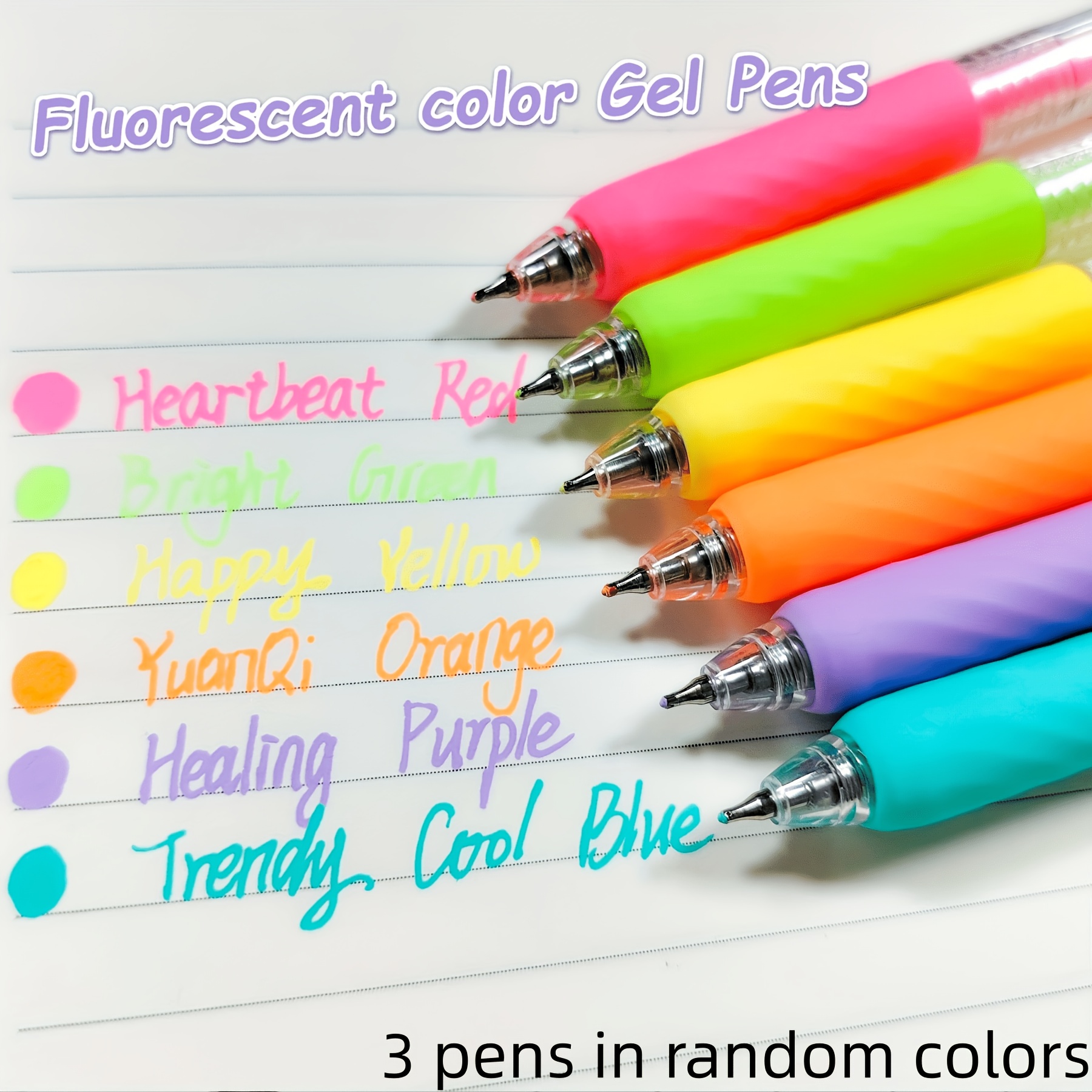 TEMU Fluorescent Colored Gel Pen Set, 0.7mm Medium Point, 3 Random Colors, Retractable Pens With Clip, Suitable For Professional Art Drawing,