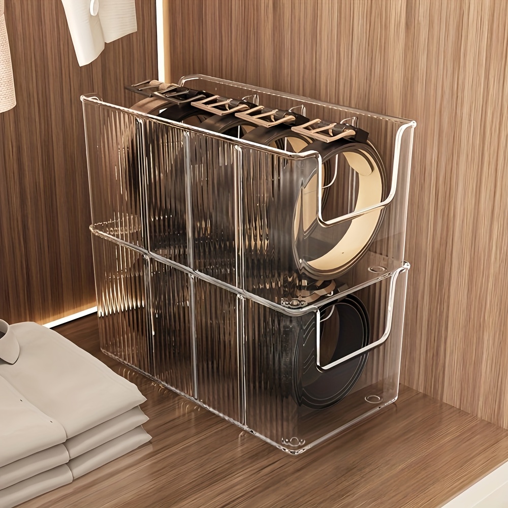 Image of 1/2pcs Transparent Belt Storage Box, Large Capacity Separated By Belt Rack, Multi-use Tabletop Finishing Box, Suitable For Dresser Cosmetic Storage, Wardrobe Storage, Bathroom Storage