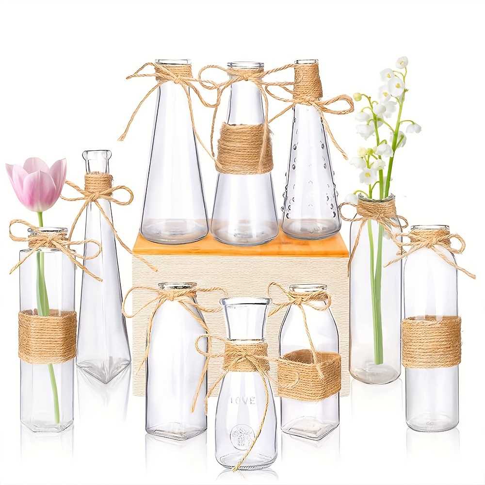 

10pcs Bud Glass Vases For Centerpieces Wedding Decorations, Clear Vases For Flowers, Mini Vintage Glass Flower Vase With Rope Design And Differing Shapes For Farmhouse Home Decoration, Multiple Sizes