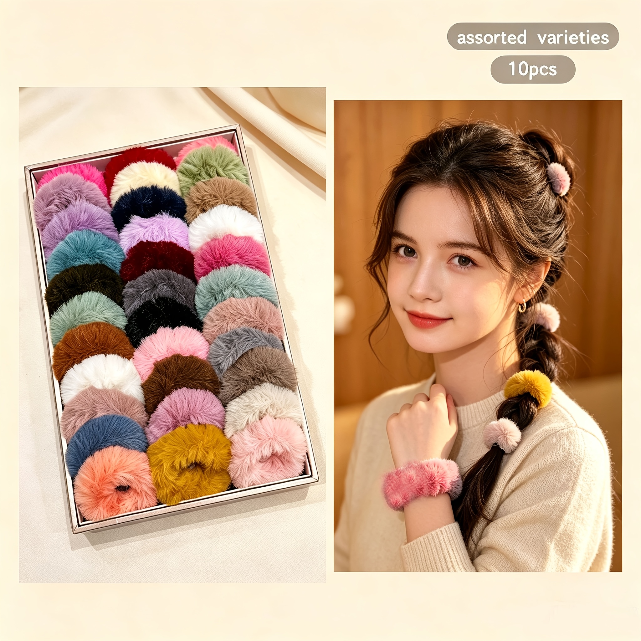 TEMU Random 10-color Easy Plush Hair Ties Suitable For Additions