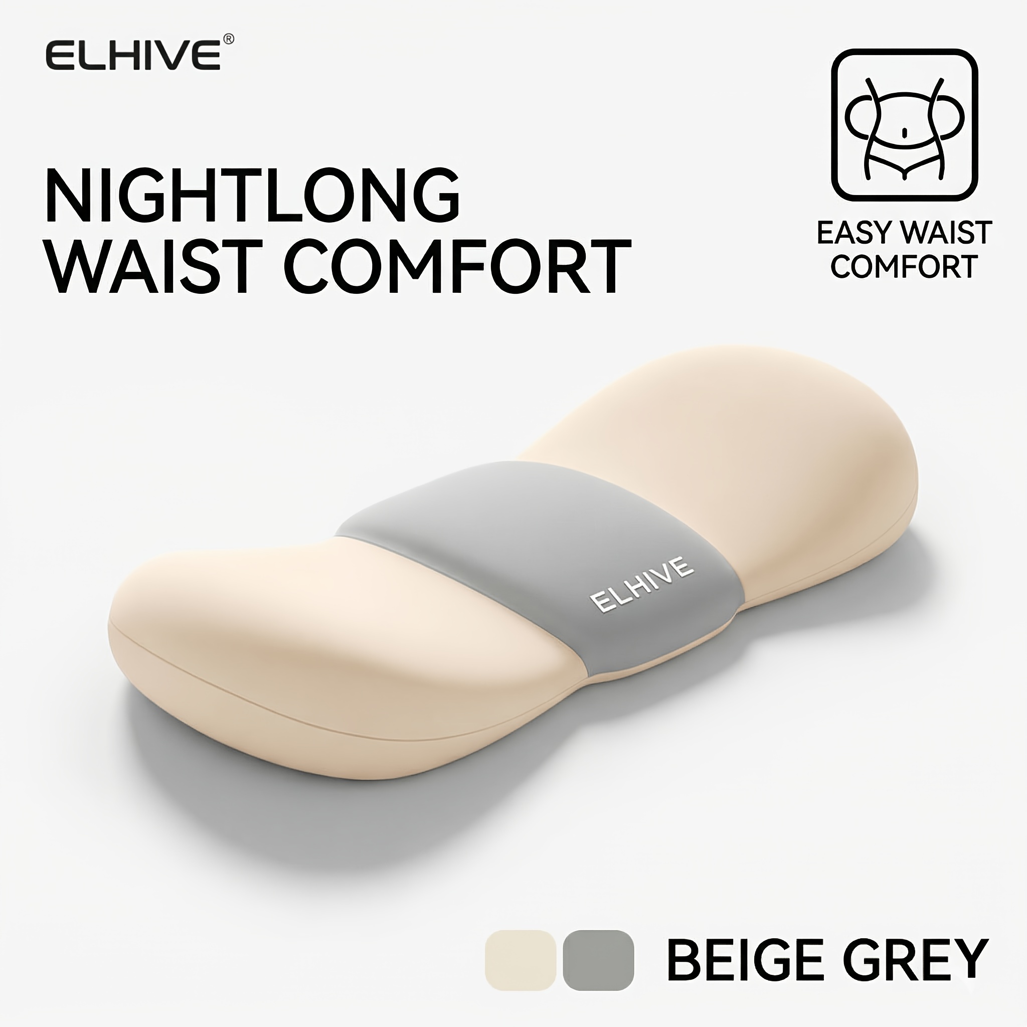 TEMU 睡眠用低反発ウエストピロー、人間工学に基づいたゾーン仕様ベッドクッション、仰向け・横向き寝用、ソフトで通気性の良い洗えるカバー、人体のカーブにフィットして背中の隙間を埋めるコンタデザイン、高密度フォームで夜の快適さを実現