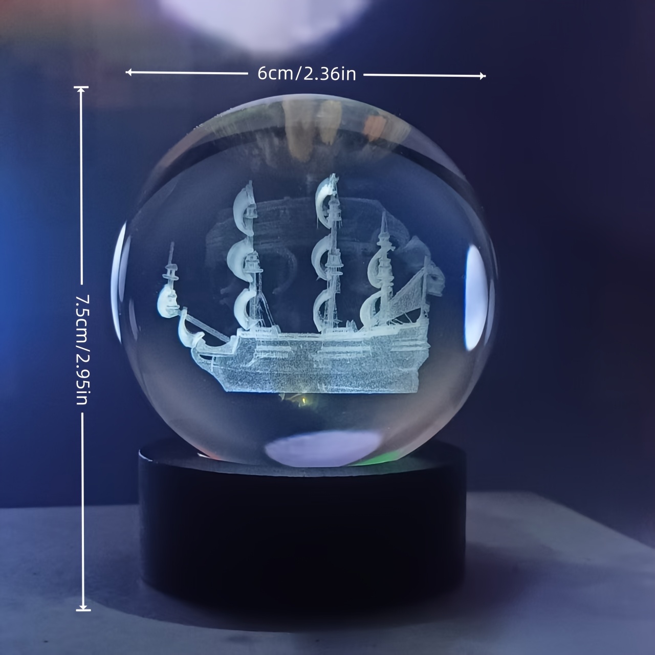 TEMU 3D 레이저 각인 해적선 고투명 볼 장식품, 블랙 받침대 포함, 홈 데코 액센트, 완벽한 선물, 정교한 오리지널 디자인