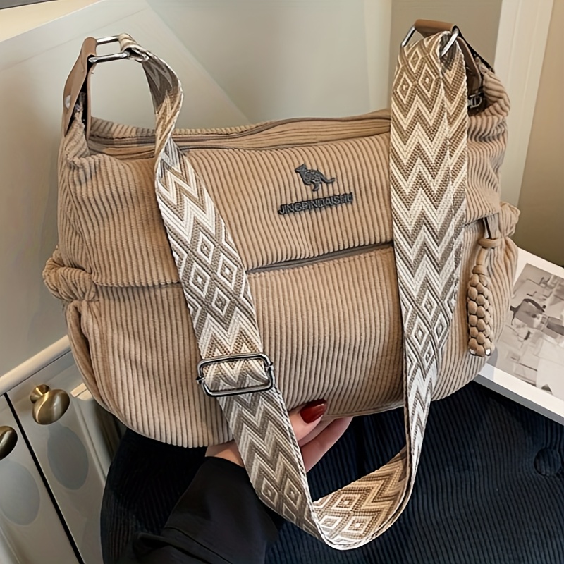 Image of Mini Women's Fashion Corduroy Multi-compartment Multi-zip Shoulder Bag With Adjustable Strap, Perfect For Daily Use, Shopping, And , Spacious Handbag, Gift For