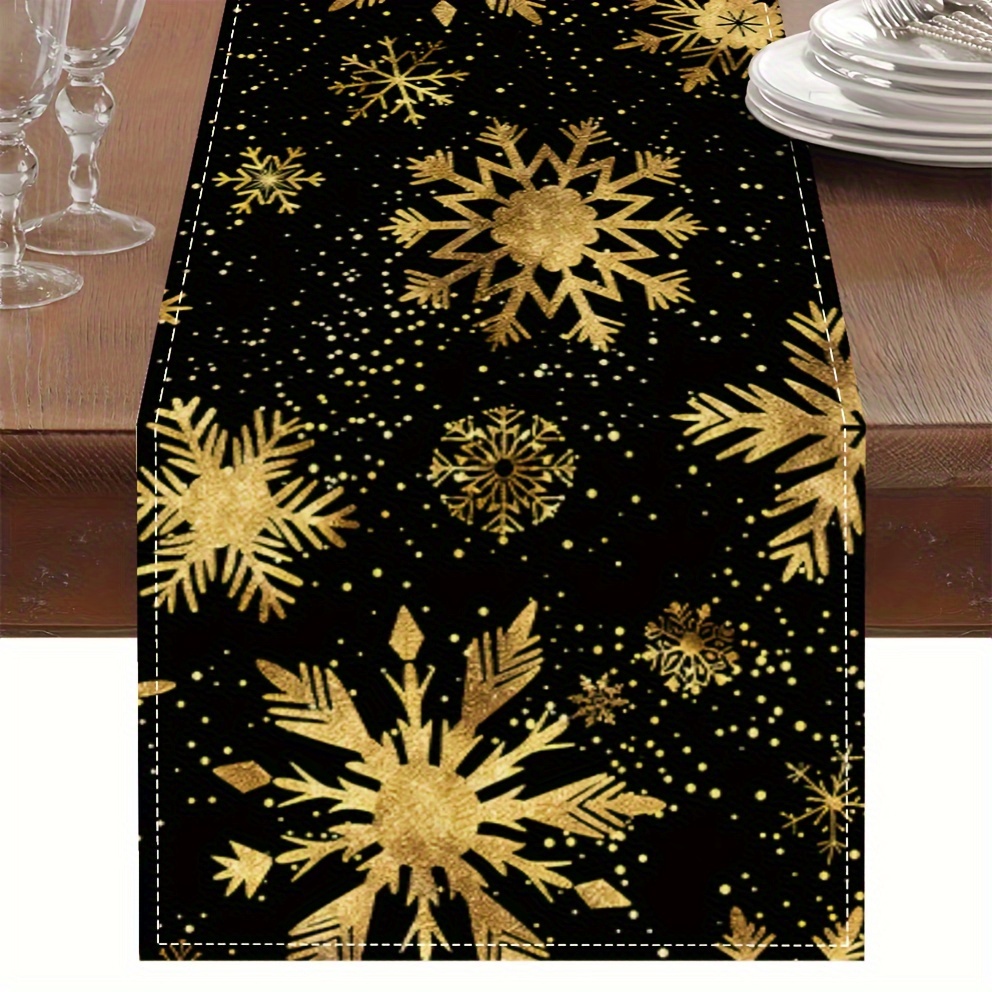 

Linen Table Runner With Golden Snowflakes - Christmas Holiday Decor, Woven Rectangle Tablecloth For Indoor And Outdoor Use, Farmhouse Style, 1pc - Fits 13x48/13x72/13x108 Inches