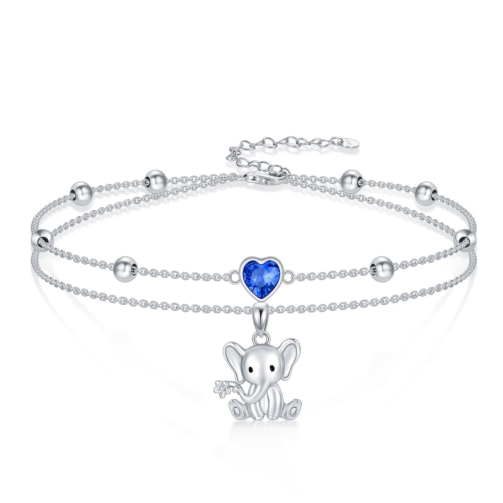 Image of Elephant Anklets For Women 925 Sterling Silver Layered Anklet Bracelet Heart Adjustable Beaded Chain Anklet Beach Foot Jewelry Gifts For Women