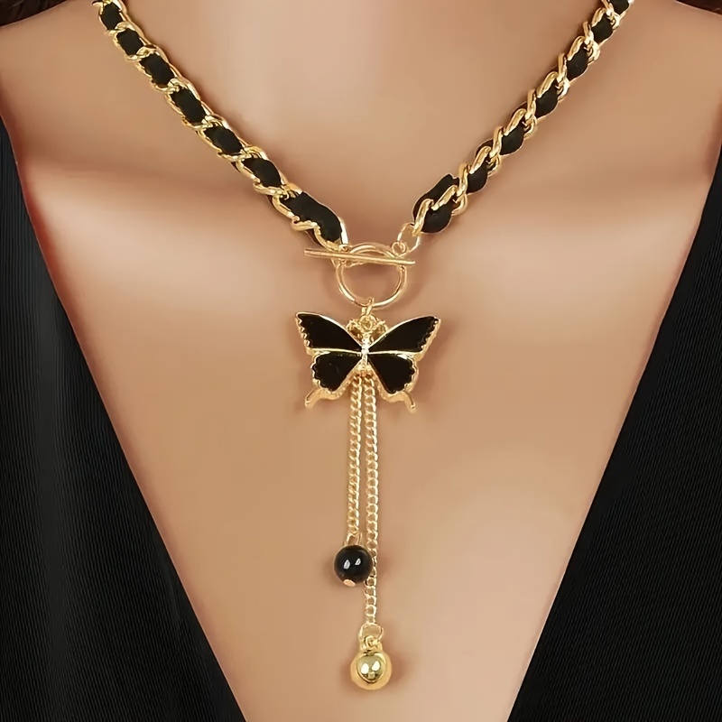 Collar Elegante y Moderno con Colgante en Forma de Mariposa Negra para Uso Diario, Accesorio con Borlas para Mujer