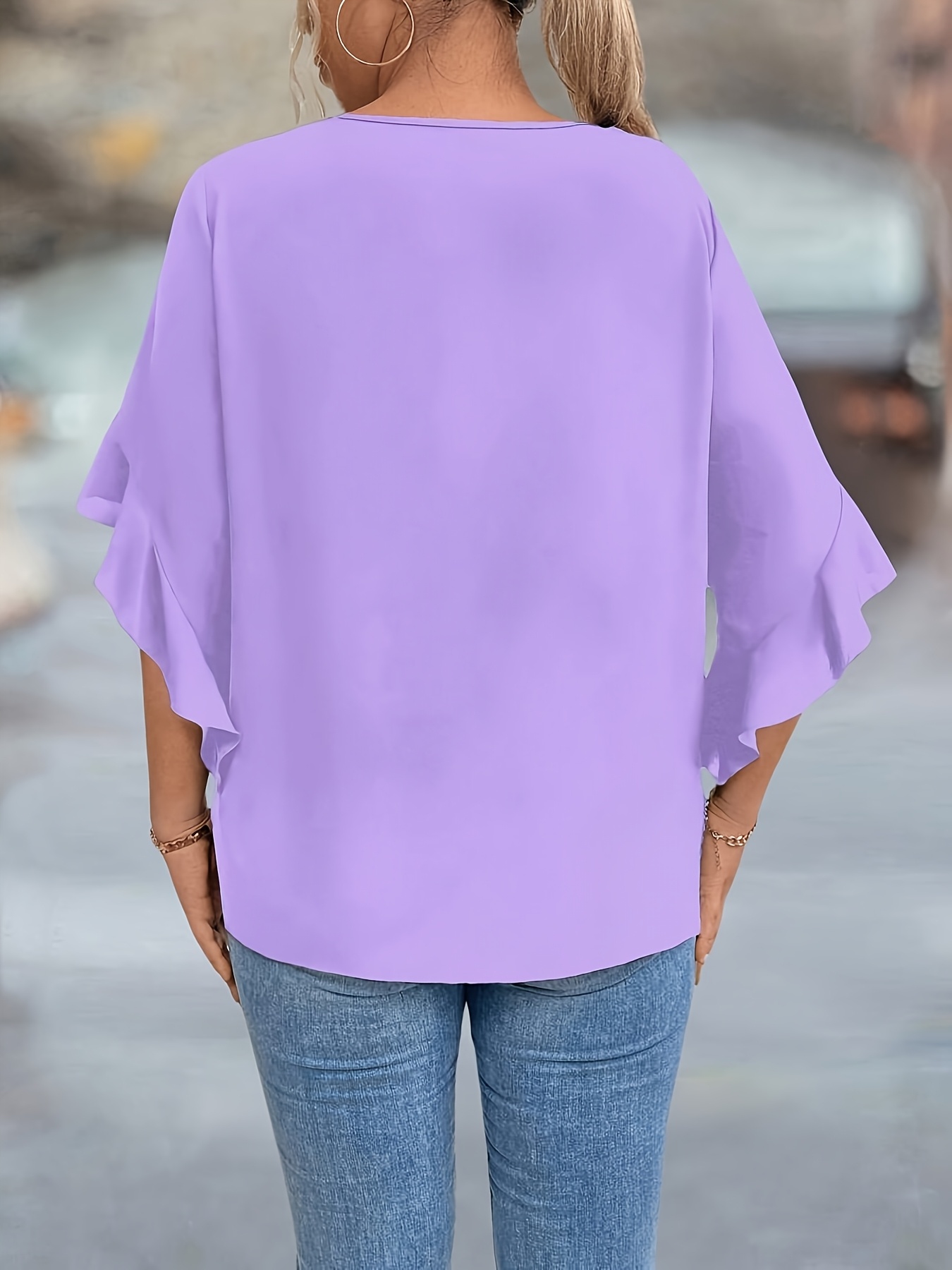 Women'S Plus Size V-Neck Blouse - Soft Pink, Ruffled Sleeves, Casual Summer Top with Golden Chain Detail, Casual Wear|Ruffled Sleeve Top|Vneckline Top