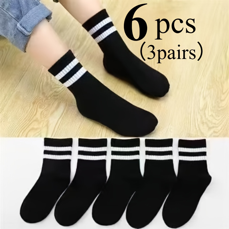 TEMU 6pcs (3 Pairs) Men And Women Mid-calf Socks For Spring And Summer, Black, White, And Gray Mid-calf Socks, Versatile Sports Socks